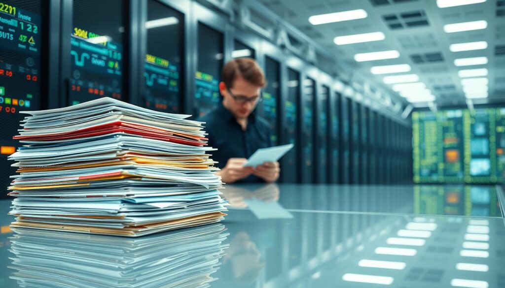 A highly detailed, photorealistic image of synthetic data being used for AI training. In the foreground, a stack of diverse digital files, documents, and 3D models in various formats are arranged neatly on a sleek, reflective surface, representing the breadth of synthetic training data. In the middle ground, a partially visible data scientist or machine learning engineer meticulously examines the data, analyzing its quality and characteristics. In the background, a sophisticated server or data center infrastructure pulses with activity, symbolizing the computational power required to process and leverage synthetic data. The scene is illuminated by cool, even lighting that emphasizes the clinical, technological nature of the subject matter. The overall mood is one of precision, innovation, and the future of AI-driven progress.
