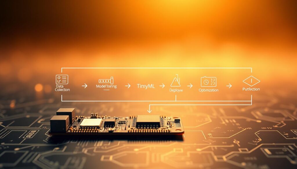A holistic illustration of the TinyML implementation process. In the foreground, a delicate microcontroller board, its intricate circuitry and minuscule components meticulously rendered. The middle ground showcases the iterative stages of the TinyML workflow - data collection, model training, deployment, and optimization - depicted as a seamless, interconnected sequence. In the background, a soft, ethereal landscape of abstract geometric shapes and patterns, hinting at the complex mathematical underpinnings of this emerging field. The scene is bathed in a warm, directional light, creating a sense of depth and drama, while maintaining a clean, technical aesthetic. The overall composition conveys the precision, finesse, and transformative potential of TinyML, ready to be explored in the practical how-to guide.