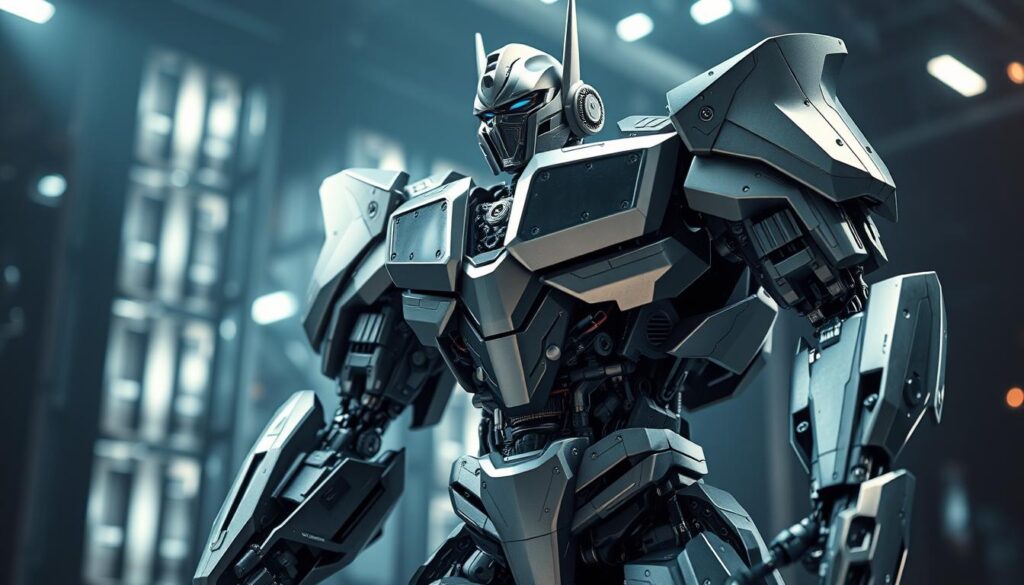 A large, futuristic transformer-style robotic model, its sleek metallic exterior gleaming under bright studio lighting. Intricate gears, circuits, and mechanical components are visible, hinting at the advanced technology powering its movements. The robot stands majestically against a blurred, high-tech background, conveying a sense of innovation and progress. Dramatic shadows and highlights accentuate the model's striking angular design, creating an atmosphere of cutting-edge technological sophistication. The overall impression is one of a groundbreaking, transformative technology that will shape the digital future.