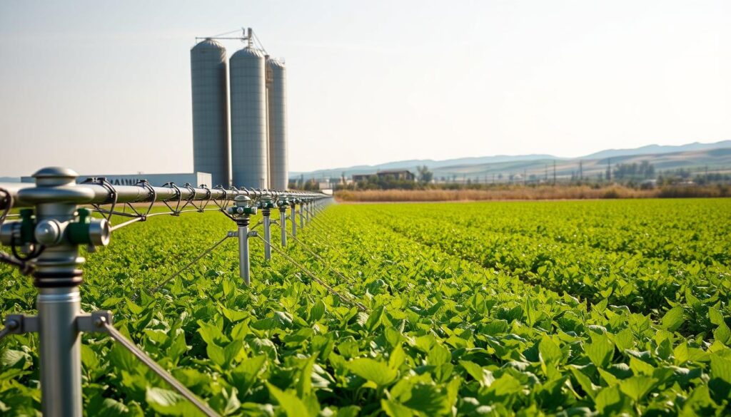 A lush, verdant agricultural field dotted with rows of advanced irrigation equipment. In the foreground, precision sprinklers methodically distribute water across the crops, their metal components gleaming under the warm, diffused sunlight. In the middle ground, towering silos and modern farm buildings provide a backdrop, while in the distance, rolling hills and a cloudless sky create a sense of peaceful, pastoral tranquility. The scene exudes a harmonious blend of technology and nature, showcasing the innovative automation that powers sustainable, high-yield agriculture.