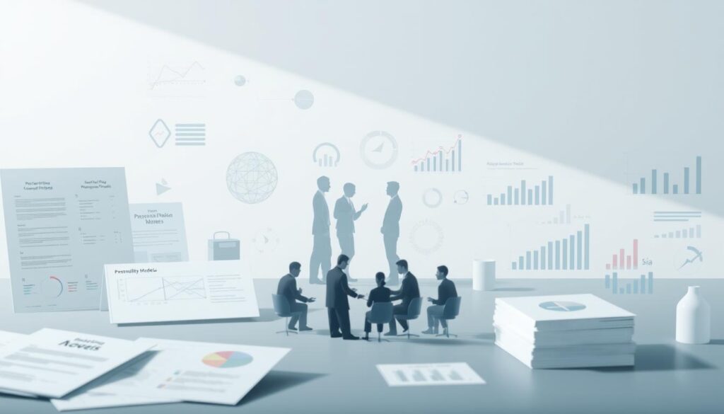 A meticulously detailed analysis of personality models used in employee profiling, captured in a digital illustration. The foreground features various psychological frameworks and assessment tools, rendered with a clean, minimalist aesthetic. In the middle ground, a group of stylized figures engage in collaborative activities, each representing a distinct personality type. The background subtly incorporates geometric patterns and data visualizations, evoking the analytical and data-driven nature of the subject matter. The lighting is soft and diffused, creating a sense of depth and dimension. The overall composition conveys a balance between the theoretical and practical applications of personality models in the workplace.