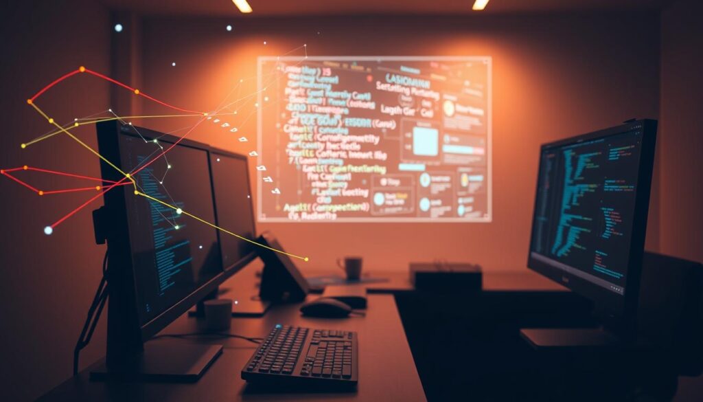 A modern computer workstation with multiple monitors, keyboards, and a sleek, minimalist design. The foreground features an array of colorful lines, geometric shapes, and abstract code snippets hovering above the desk, hinting at the power of AI-driven code generation. The middle ground showcases a holographic display projecting dynamic algorithms and data visualizations. The background is bathed in a warm, subdued lighting, creating a focused, contemplative atmosphere. The overall scene conveys the intersection of advanced technology, programming, and the promise of AI-assisted software development.