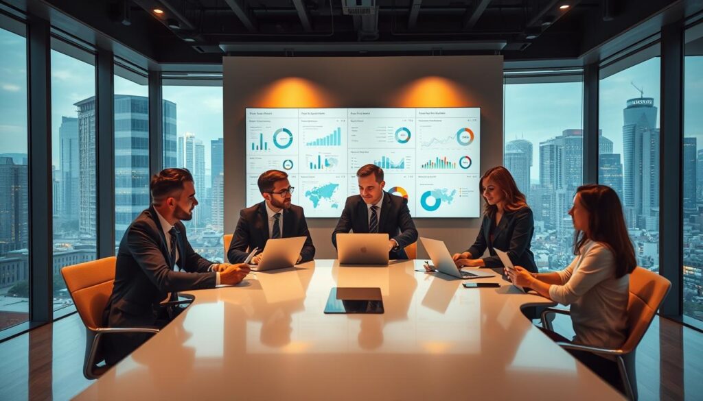 A modern corporate office interior with large windows overlooking a bustling city skyline. In the foreground, a group of business professionals engaged in a lively discussion around a sleek conference table, demonstrating the practical application of AI-powered analytics on their laptops and tablet devices. The middle ground features a wall-mounted display showcasing various data visualizations and KPI dashboards. The background is illuminated by warm, indirect lighting, creating a welcoming and productive atmosphere. The scene conveys a sense of innovation, collaboration, and data-driven decision-making within the enterprise.