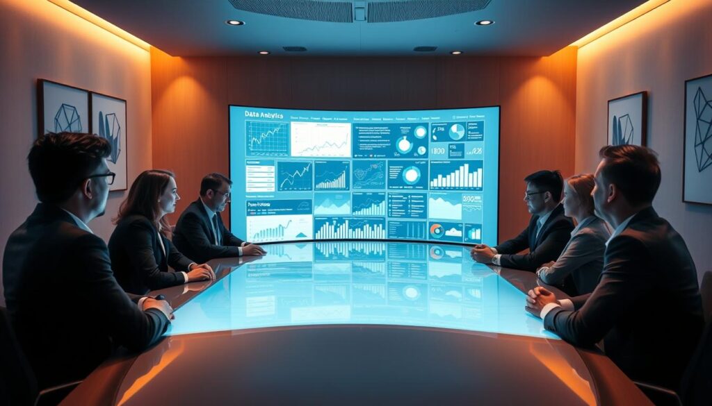 A modern, data-driven conference room with a large, curved display screen at the center. The screen shows a visual representation of data analytics and decision-making processes, with graphs, charts, and interactive visualizations. The room is bathed in a warm, indirect lighting, creating a cozy and focused atmosphere. The walls are adorned with minimalist, geometric art pieces that complement the sleek, contemporary design. Executives and data analysts sit around the table, engaged in a collaborative discussion, their faces reflecting the insights gleaned from the data displayed before them. The scene conveys a sense of informed, data-driven decision-making in a high-tech, yet comfortable setting.