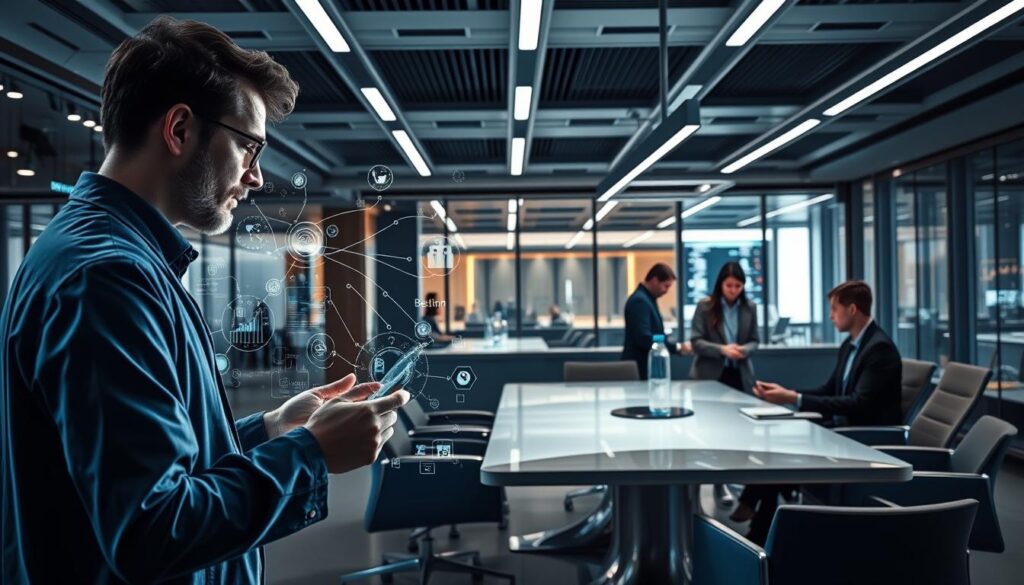 A modern, data-driven workplace with a focus on AI-powered data integration. In the foreground, a data scientist analyzes a holographic display of interconnected data streams. In the middle ground, teams collaborate around a sleek conference table, discussing insights and strategy. The background features a panoramic view of a high-tech office, with floor-to-ceiling windows, gleaming metallic accents, and dynamic lighting that reflects the flow of information. The overall atmosphere conveys a sense of innovation, efficiency, and the seamless integration of human expertise and artificial intelligence.