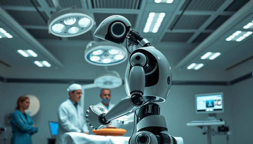 A modern medical robot stands in a sterile, well-lit surgical theater, its sleek, metallic frame glinting under precise lighting. In the background, a team of medical professionals monitor its movements, their faces illuminated by the soft glow of computer displays. The robot's articulated limbs move with remarkable precision, performing a delicate medical procedure with a level of accuracy and dexterity far beyond human capability. The scene conveys a harmonious integration of cutting-edge technology and the art of modern medicine, showcasing the potential of robotics to enhance and transform the field of healthcare.