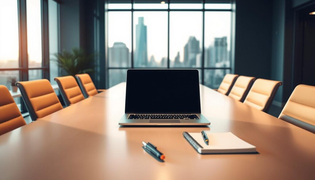 A modern office interior with a large table surrounded by chairs, depicted in a warm, inviting lighting. On the table, a laptop, a pen, and a notebook are arranged, suggesting an ongoing meeting or discussion. In the background, a large window overlooking a cityscape, with a hint of natural daylight filtering in. The scene conveys a sense of productivity, collaboration, and the integration of technology in a professional setting. The overall atmosphere is one of efficiency and progress, alluding to the advantages of AI-powered meeting transcription.