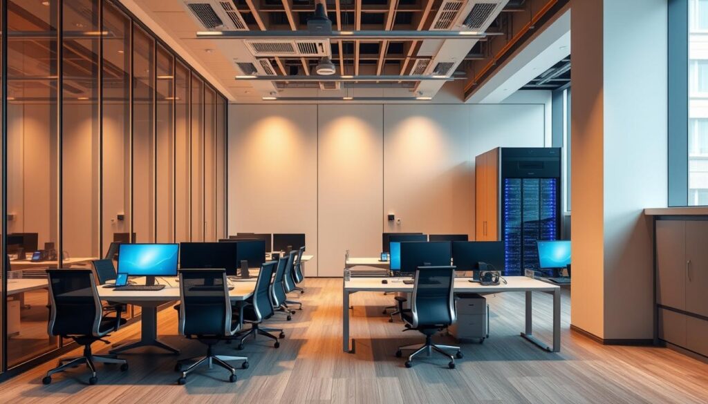 A modern office interior with sleek, minimalist proxy solutions. A large, glass-walled conference room dominates the foreground, bathed in warm, indirect lighting. The workstations in the middle ground feature state-of-the-art computer setups and ergonomic office furniture. In the background, a server rack stands tall, symbolizing the robust, secure IT infrastructure that powers the proxy solutions. The overall atmosphere is one of efficiency, privacy, and technology-driven productivity, reflecting the needs of a progressive, data-conscious organization.
