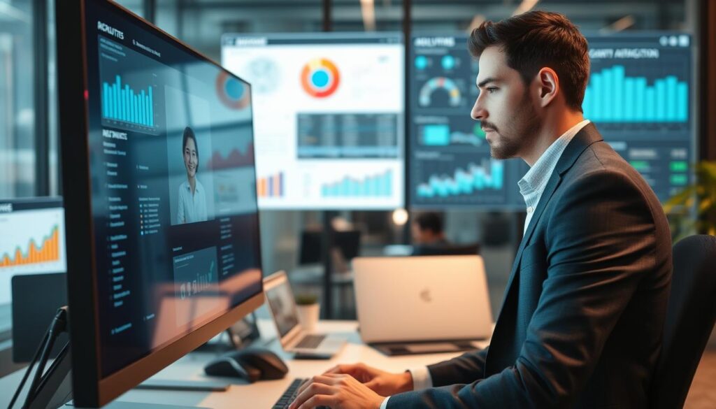 A modern office setting, with a professional recruiter reviewing a job applicant's profile on a large computer screen. The recruiter is intently focused, their face illuminated by the soft glow of the display. In the background, an array of innovative AI-powered tools and analytics dashboards are visible, showcasing the integration of cutting-edge technology into the recruitment process. The overall atmosphere conveys a sense of efficiency, diligence, and the transformative potential of AI-assisted hiring. The image encapsulates the synergy between human expertise and AI capabilities, highlighting how organizations can leverage these advancements to streamline and optimize their recruitment strategies.