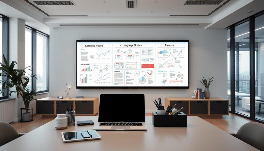 A modern office workspace with a minimalist yet sophisticated design. In the foreground, a sleek desk with a laptop, a tablet, and a well-organized array of office supplies. The middle ground features a large, interactive whiteboard displaying various business charts, diagrams, and conceptual illustrations related to language models and their applications. The background showcases floor-to-ceiling windows, allowing natural light to flood the space and creating a sense of openness and collaboration. The overall atmosphere is one of productivity, innovation, and a forward-thinking approach to leveraging the power of large language models in a corporate setting.