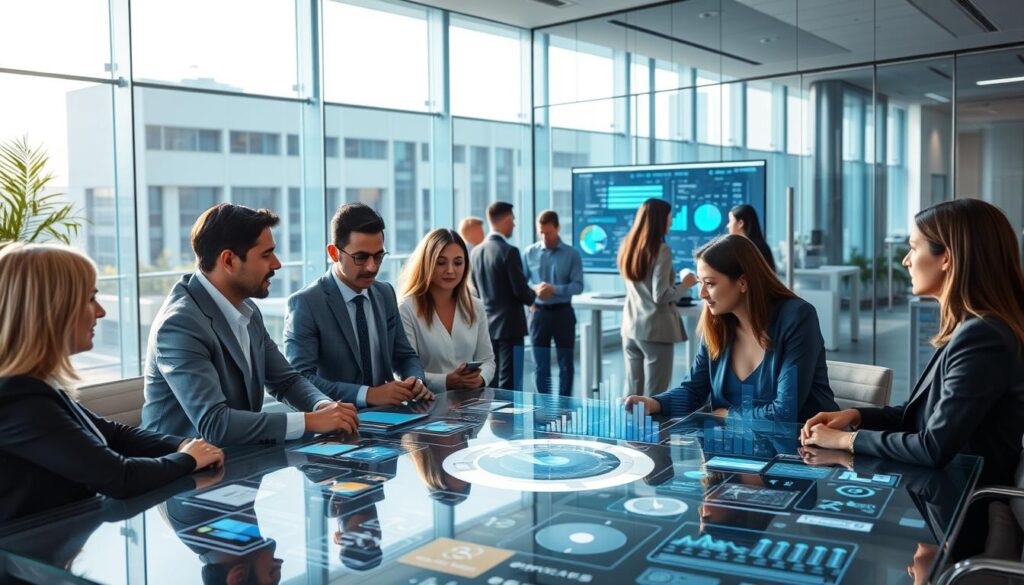 A modern, sleek office interior with glass walls and bright natural lighting. In the foreground, a group of business professionals engaged in a collaborative meeting, discussing data visualizations and holographic displays projected onto a central table. In the middle ground, a diverse team of HR recruiters and talent managers are conducting interviews with prospective candidates, evaluating their skills and personality traits. In the background, an AI-powered analysis system monitors the proceedings, offering insights and recommendations to streamline the recruitment process. The atmosphere conveys a sense of efficiency, innovation, and a people-centric approach to talent acquisition.