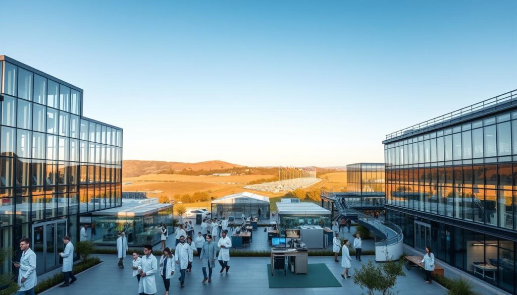 A panoramic view of a bustling European research hub, featuring modern glass and steel buildings set against a backdrop of rolling hills and a clear blue sky. In the foreground, scientists in white lab coats and safety goggles move between the different facilities, collaborating on cutting-edge projects. The middle ground showcases various research stations, with holographic displays and advanced equipment visible through the windows. In the background, the skyline is dotted with the flags of European nations, symbolizing the international nature of the research initiatives. The scene is bathed in a warm, natural lighting, creating a sense of productivity and innovation. An atmosphere of discovery and progress permeates the entire composition.