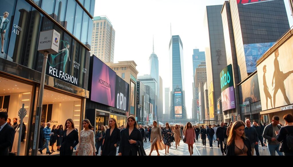 A panoramic view of a bustling fashion district, with high-end boutiques, runway models, and fashion-forward pedestrians. In the foreground, a group of models strut confidently down the catwalk, showcasing the latest haute couture designs. In the middle ground, sleek and modern fashion storefronts display the latest trends, with digital displays and holographic projections hinting at the integration of AI technology. In the background, the cityscape rises, with skyscrapers adorned with LED screens and digital billboards, all highlighting the intersection of technology and the fashion industry. Warm afternoon light filters through, creating a vibrant, dynamic atmosphere. The scene conveys the cutting-edge, forward-thinking nature of AI-driven fashion trends and innovations.