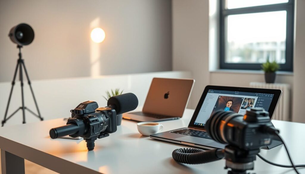 A professional, well-lit studio setting featuring an assortment of content creation tools on a sleek, minimalist desk. In the foreground, a high-end camera, a microphone, and a tablet with design software open. In the middle ground, a stylish laptop, a cup of coffee, and a small plant. In the background, a large window with natural light streaming in, illuminating the scene with a warm, ambient glow. The overall mood is one of efficiency, creativity, and focus - reflecting the needs of modern content creators.