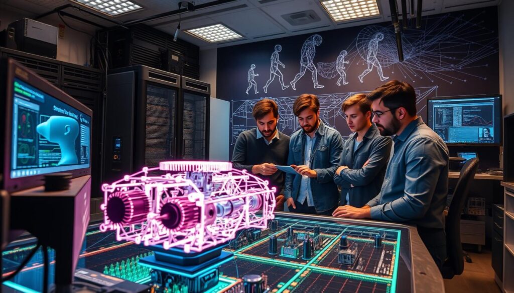 A research lab setting with a team of data scientists and engineers working intently on a computer simulation. In the foreground, a glowing display showcases a 3D model of a complex system, while in the middle ground, the team collaborates, referencing data visualizations and deep neural network architectures. The background features cutting-edge hardware, server racks, and a large mural depicting the evolution of artificial intelligence. The scene is bathed in a warm, ambient lighting, conveying a sense of focused innovation and the exciting possibilities of synthetic data-driven AI training.
