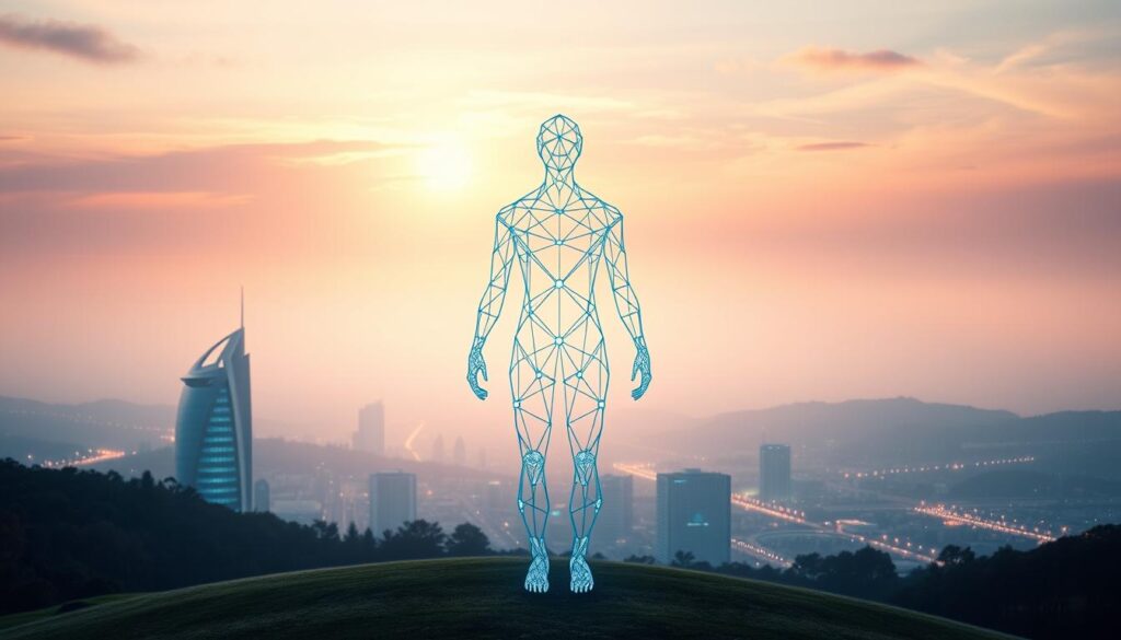 A serene and harmonious landscape, with a central figure representing the alignment of artificial intelligence (AI) security principles. The foreground features a stylized human form, composed of interconnected geometric shapes and lines, symbolizing the integration of AI systems with ethical frameworks. The middle ground showcases a futuristic cityscape, with sleek, minimalist architecture and glowing, holographic displays, signifying the technological advancements in the field of AI security. The background depicts a vast, ethereal sky, bathed in soft, warm lighting, conveying a sense of balance, stability, and trust in the responsible development of AI. The overall composition emphasizes the importance of aligning AI systems with human values and principles, creating a visually striking representation of the "Grundlagen und Definitionen im Bereich KI-Sicherheit" (Foundations and Definitions in the Field of AI Security).