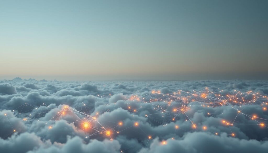 A serene, cloud-like landscape of interconnected nodes and neural pathways, illuminated by a soft, diffused light. In the foreground, a central server node glows with a warm, pulsing energy, representing the federated learning process. Surrounding it, a decentralized network of client nodes communicates seamlessly, their connections visualized as delicate, shimmering lines. The middle ground features a diverse array of device silhouettes, each contributing to the collective intelligence. In the background, a tranquil horizon fades into muted hues, evoking a sense of harmony and balance in the distributed learning system.
