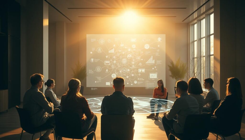 A serene meeting room bathed in soft, warm lighting. In the foreground, a group of people sit in a circle, their faces deep in thought as they engage in a generative KI mediation process. The middle ground features a large, holographic projection displaying dynamic visualizations, representing the flow of ideas and insights emerging from their discussion. The background subtly blends modern architectural elements with natural motifs, creating a calming, contemplative atmosphere. The overall scene conveys a sense of collaborative problem-solving, where the power of generative AI augments the human-centric mediation process.