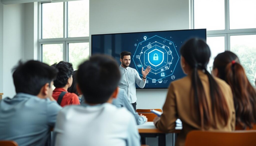 A serene, modern classroom setting with natural light streaming through large windows. In the foreground, a group of students of diverse backgrounds engaged in collaborative learning, their faces obscured to protect their privacy. In the middle ground, a teacher gestures towards a sleek, futuristic touchscreen display, explaining data privacy concepts illustrated with abstract, encrypted visual elements. The background features a striking, minimalist AI-generated artwork depicting the symbiosis of technology and education, evoking a sense of ethical responsibility. The lighting is soft, the atmosphere contemplative, inviting the viewer to ponder the challenges and opportunities of AI-powered learning.