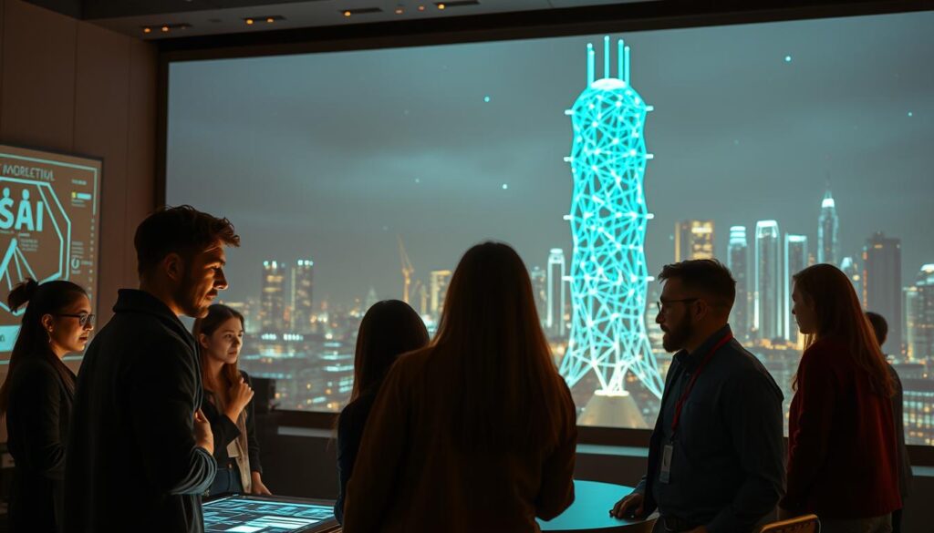 A serene, thoughtful atmosphere with a futuristic, holistic vision of ethical AI development. In the foreground, a diverse group of AI engineers and researchers collaborate on a projected interface, their expressions contemplative as they navigate complex ethical considerations. In the middle ground, a towering AI model rendered in glowing lines, its intricate form conveying both power and responsibility. The background features a cityscape of gleaming towers and interconnected systems, suggesting the integrated, sustainable future of AI. Warm lighting casts a soft glow, and the scene is captured through a wide-angle lens to emphasize the grand scale of this ethical undertaking.