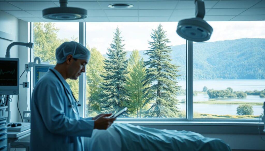 A serene, well-lit hospital room with modern medical equipment and technology. In the foreground, a doctor or nurse using a tablet to monitor a patient's vital signs. In the middle ground, a large window overlooking a lush, verdant landscape with towering trees and a pristine lake. The lighting is soft and natural, creating a calming atmosphere. In the background, the interior of the hospital blends seamlessly with the tranquil outdoor scene, reflecting the harmony between healthcare and environmental preservation. The overall tone is one of innovation, compassion, and a commitment to sustainable, human-centric solutions.