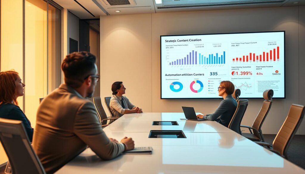 A sleek and modern corporate office setting, with a large presentation screen displaying strategic data visualizations. In the foreground, a group of executives engaged in a thoughtful discussion, their expressions conveying the gravity and importance of the topic. The middle ground features a state-of-the-art conference table and ergonomic chairs, suggesting a collaborative, high-tech environment. The background is bathed in warm, directional lighting, casting a professional and authoritative atmosphere. The overall scene conveys the strategic significance of automated content creation for modern businesses, emphasizing the data-driven, technology-enabled decision-making processes at the heart of this emerging field.