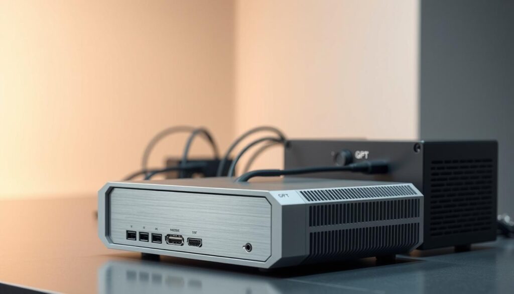 A sleek and modern custom GPT system, its modular design allowing for seamless integration into any content workflow. Positioned in the foreground, the GPT model is encased in a minimalist, brushed metal housing, its clean lines and sharp edges conveying a sense of precision engineering. The middle ground reveals a series of cables and ports, hinting at the robust connectivity and customization options available. In the background, a softly lit, muted color palette creates an atmosphere of sophisticated technology, inviting the viewer to imagine the transformative capabilities of this versatile AI assistant.