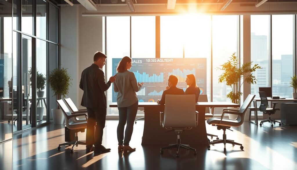 A sleek and modern office setting, bathed in warm natural light streaming through large windows. In the foreground, a team of professionals pores over a large interactive display, analyzing intricate data visualizations that illuminate key sales metrics and trends. The middle ground features a stylish conference table surrounded by ergonomic chairs, creating an atmosphere of collaborative problem-solving. In the background, the office space is filled with state-of-the-art technology, including AI-powered assistants and cloud-based data management systems. The overall scene conveys a sense of efficiency, innovation, and a keen focus on optimizing sales processes through the strategic application of artificial intelligence.