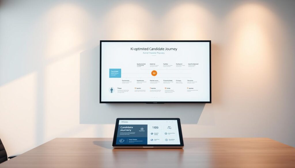 A sleek and modern office setting with a large display screen showcasing a thoughtfully designed "KI-optimierte Candidate Journey" diagram. The screen is mounted on a minimalist, white-walled backdrop, bathed in warm, directional lighting that casts subtle shadows. In the foreground, a tablet or laptop rests on a clean, wooden desk, displaying additional details about the candidate journey process. The overall atmosphere is one of technological sophistication, efficiency, and a human-centric approach to talent acquisition. The scene conveys a sense of clarity, organization, and the seamless integration of AI-powered tools within the recruitment workflow.
