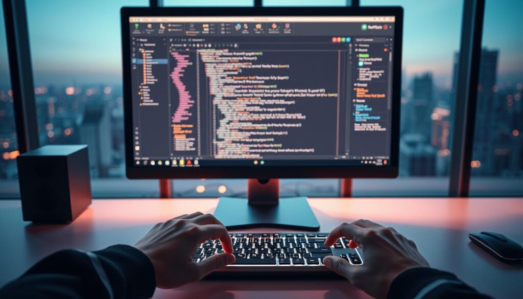 A sleek, minimalist workstation with a modern computer display showcasing a visually captivating AI-powered coding interface. The display features clean typography, elegant data visualizations, and intuitive controls, all bathed in a warm, inviting glow. In the foreground, a developer's hands hover expertly over a high-tech keyboard, seamlessly integrating human ingenuity with intelligent machine assistance. The background is a softly blurred cityscape, hinting at the boundless potential of this transformative technology to shape the future of software development.