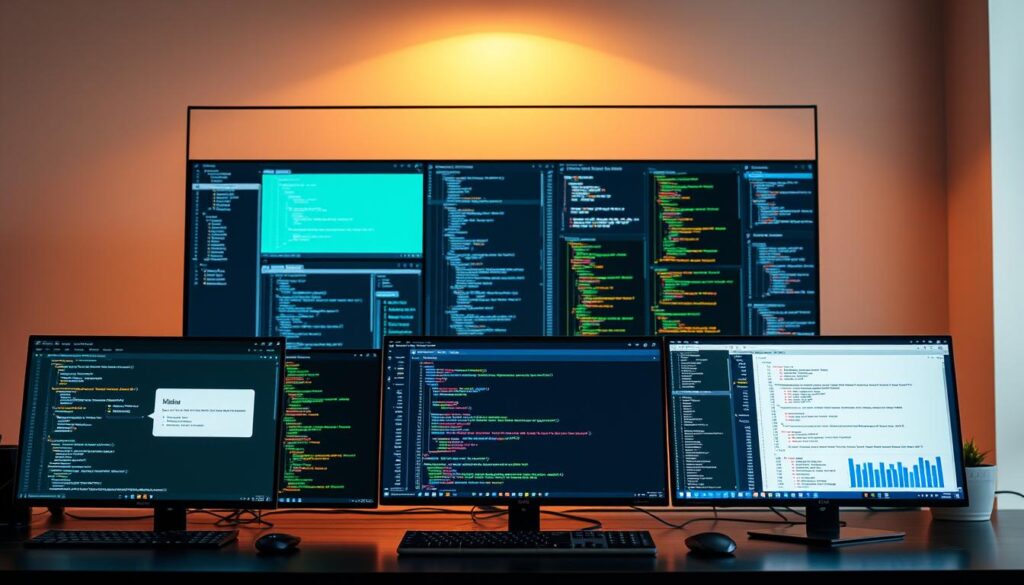 A sleek, modern desktop workstation showcasing a comparison of popular AI-powered coding tools. The foreground features a variety of program windows, each with distinct interfaces and functionalities, arranged in a visually appealing layout. The middle ground displays various code snippets, algorithm visualizations, and data analytics dashboards, all emanating a sense of technological prowess. The background is a minimalist workspace, with a large monitor displaying an array of coding languages, frameworks, and libraries. Warm, directional lighting casts a subtle glow, creating depth and emphasizing the technical nature of the scene. The overall mood is one of productivity, innovation, and the seamless integration of AI-driven programming assistance.