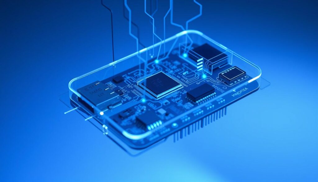 A sleek, modern microcontroller encased in a transparent shell, its intricate circuitry and components visible. Glowing data streams and wireframes dance across its surface, visualizing the complex artificial intelligence processes at work. The microcontroller is suspended in a minimalist, futuristic setting, bathed in a cool, blue-tinted lighting that emphasizes the cutting-edge technology. The overall scene conveys a sense of scientific innovation and the seamless integration of AI into the world of embedded systems.