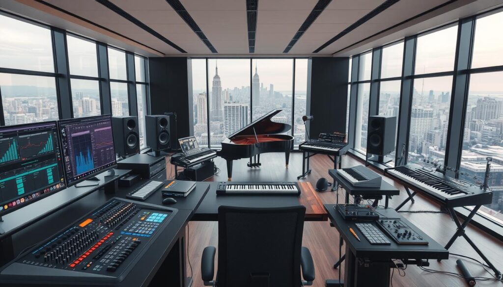 A sleek, modern music production studio with a focus on AI-generated compositions. The foreground features a high-tech workstation with several state-of-the-art audio interfaces, a large display showing a digital audio workstation, and a powerful desktop computer. In the middle ground, a grand piano and an array of synthesizers and MIDI controllers create an immersive, futuristic ambiance. The background showcases floor-to-ceiling windows, allowing natural light to flood the space and providing a panoramic view of a bustling city skyline. The overall mood is one of innovative, forward-thinking music creation, where AI and human artistry converge to shape the future of the industry.