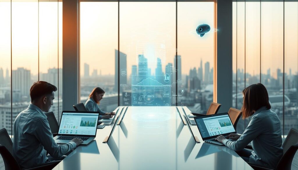 A sleek, modern office interior with large windows overlooking a cityscape. In the foreground, a team of office workers collaborates at a long table, their laptop screens displaying data visualization dashboards and compliance documentation. Soft, diffused lighting illuminates the space, creating a sense of transparency and openness. The middle ground features a towering, transparent information display, its holographic interface showcasing automated data processing and analytics. In the background, an AI assistant hovers, its avatar pulsing with a soft, ambient glow, symbolizing the seamless integration of AI-driven processes into the organization's workflows. The overall atmosphere conveys a balance of human expertise and technological innovation, reflecting the "Automated Transparency in Documentation" concept.