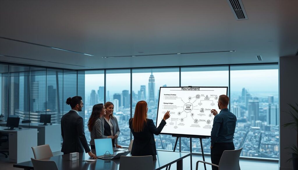 A sleek, modern office setting with a large, airy workspace. In the foreground, a group of professionals engaged in a collaborative meeting, discussing recruitment strategies and automation processes on a digital whiteboard. The atmosphere is one of efficiency and productivity, with subtle yet sophisticated lighting and minimalist decor. In the background, a panoramic view of a bustling city skyline, conveying a sense of progress and technological advancement. The overall mood is one of innovation, streamlining, and empowering human resources.