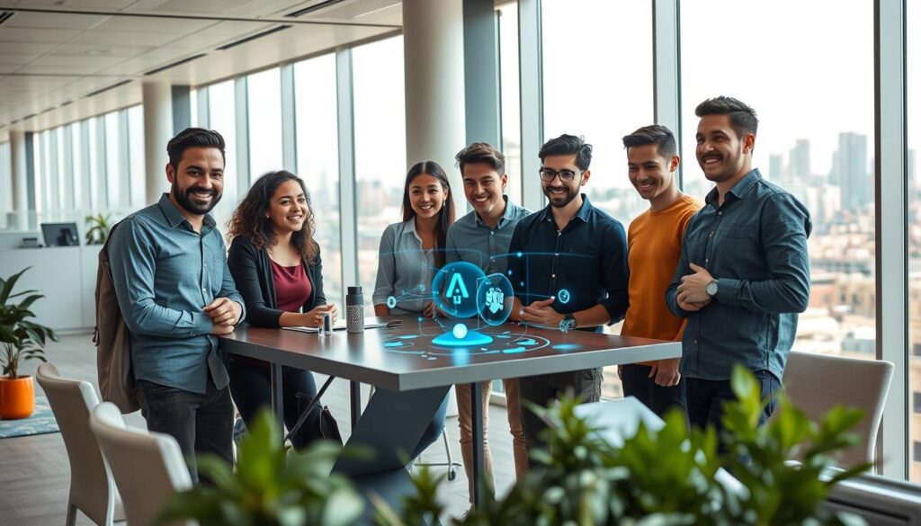 A sleek, modern office space with large windows and bright, natural lighting. In the foreground, a group of young, diverse professionals in casual attire are gathered around a table, deep in discussion. Their expressions convey a sense of collaborative focus and energy. In the middle ground, innovative technologies such as holograms, AI-powered displays, and cutting-edge devices are seamlessly integrated into the workspace, highlighting the advanced capabilities of the AI startup. The background features a city skyline, suggesting the startup's urban, tech-savvy environment. The overall scene exudes a sense of creativity, innovation, and the secrets to the success of these AI-driven enterprises.