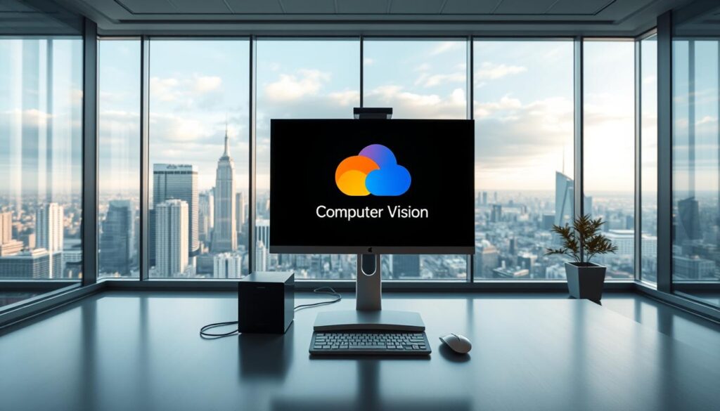 A sleek, modern office with floor-to-ceiling windows overlooking a bustling city skyline. In the foreground, a state-of-the-art computer workstation with a large, high-resolution monitor displaying the Google Cloud Computer Vision logo. The monitor is bathed in a warm, soft light, creating a sense of focus and productivity. The workspace is clean and minimalist, with subtle hints of gray and blue in the design. In the background, the city skyline is visible, creating a sense of scale and urban dynamism. The overall atmosphere is one of technological prowess, innovation, and the power of cloud-based AI solutions.