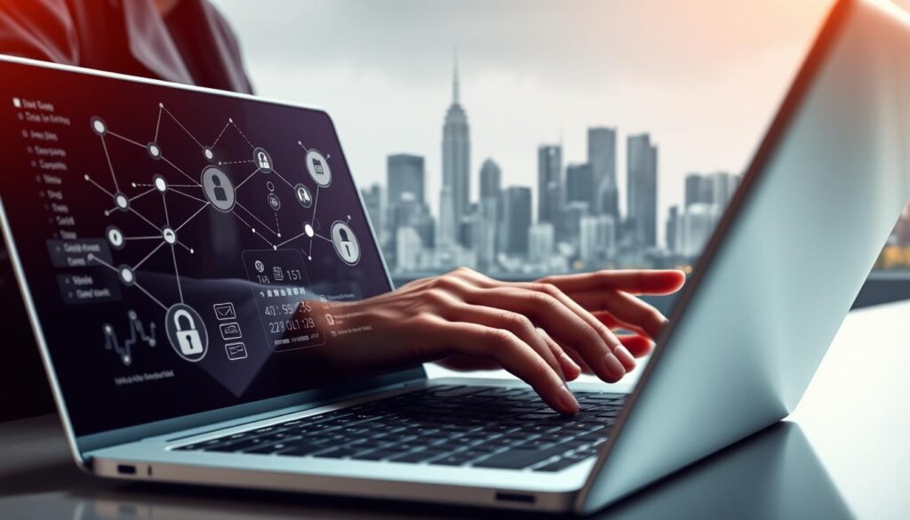 A sophisticated data analysis and data protection concept. In the foreground, a laptop displays interconnected data points and security icons, representing the analytical process. In the middle ground, a pair of hands carefully managing data files, symbolizing the importance of privacy. The background features a minimalist cityscape with skyscrapers, conveying the scale and complexity of modern data landscapes. The scene is illuminated by warm, directional lighting, creating a sense of professionalism and technological advancement. The overall mood is one of careful deliberation, where data insights and security concerns are balanced to empower informed decision-making.