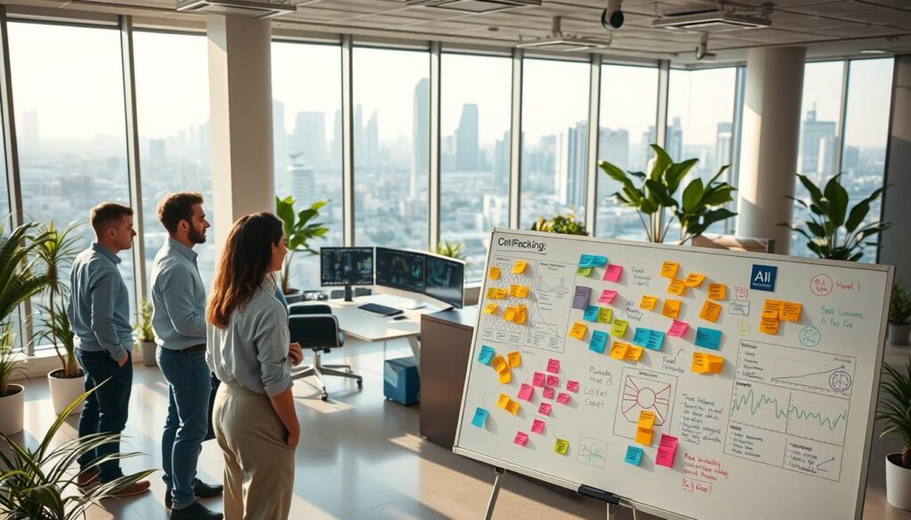 A spacious and airy office interior, with large windows overlooking a bustling city skyline. In the foreground, a team of professionals gathered around a large whiteboard, deep in discussion and brainstorming. Colorful sticky notes and diagrams cover the board, illustrating the diverse applications of prompt engineering. In the middle ground, a sleek, modern workstation with multiple screens displays visualizations and data analysis tools. The background is filled with sleek, minimalist furniture and plants, creating a calm and productive atmosphere. Soft, natural lighting filters through the windows, casting a warm glow over the scene. The overall mood is one of collaborative innovation and endless possibilities in the field of prompt engineering.
