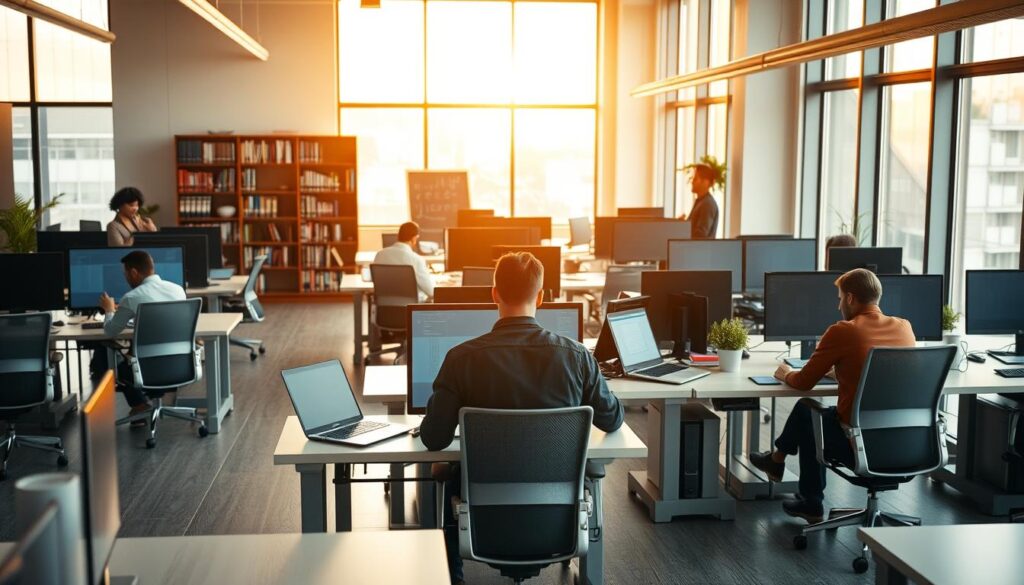 A spacious open-plan office with modern desks, chairs, and computers. Employees are collaborating on data privacy documentation, using intuitive AI-powered tools to streamline the process. Warm, natural lighting filters in through large windows, creating a productive and focused atmosphere. In the background, a tall bookshelf holds legal and regulatory resources. The scene conveys a sense of efficiency, transparency, and a commitment to data privacy best practices in a thriving, technology-driven organization.