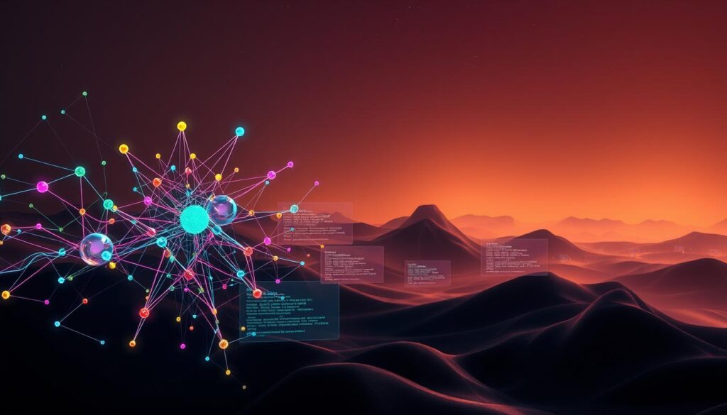 A stunningly realistic digital art piece depicting the core technologies powering AI-generated art. In the foreground, a visually striking neural network diagram pulses with multicolored nodes and connections, representing the complex algorithms that transform text into captivating imagery. The middle ground features glowing lines of code scrolling across translucent screens, hinting at the computational processes behind the scenes. In the background, an abstract, almost ethereal landscape unfolds, with geometric shapes, fluid textures, and muted color gradients that evoke the dreamlike, otherworldly qualities of AI-created art. The entire scene is bathed in a soft, warm lighting that lends an air of contemplative wonder, inviting the viewer to ponder the intersection of technology and human creativity.
