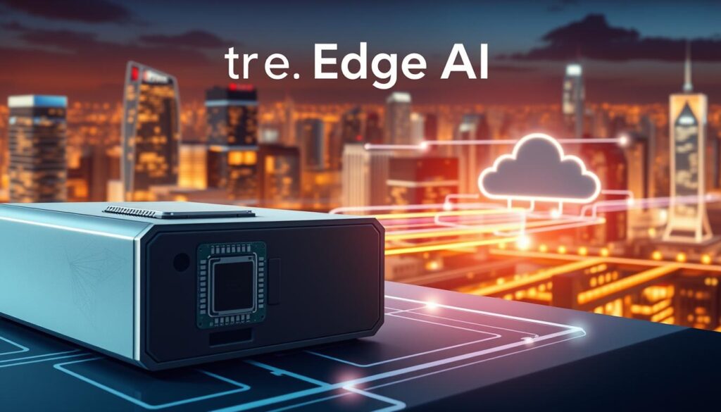 A technical illustration depicting the core concepts of Edge AI. In the foreground, a sleek, modern edge device with integrated sensors and a powerful CPU. In the middle ground, data flows between the edge and the cloud, represented by stylized network cables and server racks. In the background, a cityscape at night with glowing skyscrapers, symbolizing the distributed nature of Edge AI systems. The lighting is dramatic, with a combination of warm, ambient lighting and sharp, directional lighting to highlight the technical details. The overall aesthetic is clean, minimalist, and evocative of the cutting-edge technology of Edge AI.