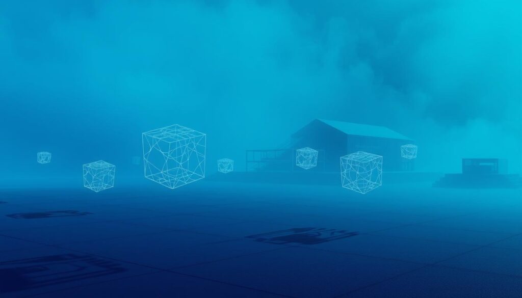 A thought-provoking, futuristic illustration of AI model security challenges. In the foreground, digital wireframe representations of AI models float in a serene, blue-tinted environment, casting subtle shadows on the ground below. In the middle ground, sleek, metallic data structures and architectural elements suggest the complex infrastructure required to power these models. The background is shrouded in a hazy, fog-like atmosphere, evoking a sense of mystery and the unknown. Dramatic lighting from an unseen source casts dramatic chiaroscuro shadows, adding depth and tension to the scene. The overall mood is one of contemplation and unease, capturing the ethical and security considerations surrounding the adoption of open-source AI.