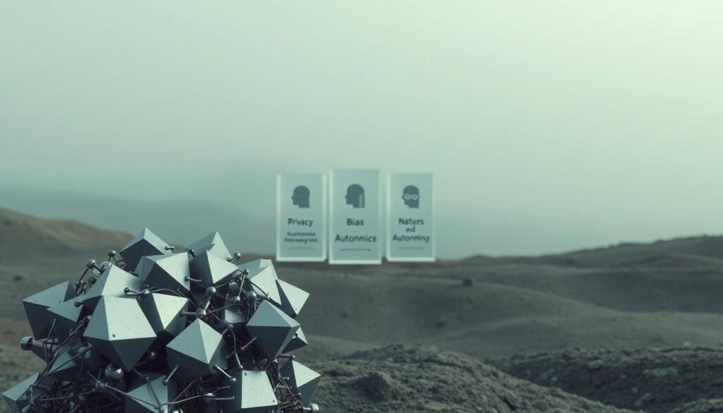 A thought-provoking scene depicting ethical considerations in artificial intelligence. In the foreground, a cluster of metallic, angular forms representing complex AI algorithms overlaps with organic, human-like shapes, symbolizing the intersection of technology and morality. The middle ground features a trio of transparent, prismatic structures, each containing a different rendered dilemma - issues of privacy, bias, and autonomy. The background is a tranquil, hazy landscape, suggesting the vast and uncertain future implications of these ethical quandaries. Muted colors and soft, diffused lighting create an atmosphere of contemplation and unease. The overall composition conveys the delicate balance and tension inherent in navigating the ethical challenges of an AI-driven world.