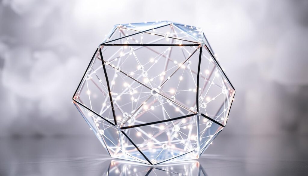 A transparent geometric structure made of glass or crystal, with intricate lines and angles that seem to shift and refract the light. The algorithm is represented as a complex, interwoven network of glowing pathways and nodes, illuminated from within and casting ethereal shadows. The background is a soft, hazy gradient, creating a sense of depth and mystery. The overall composition conveys a balance between the clarity and opacity of algorithms, hinting at the need for transparency and understanding. The lighting is dramatic, with highlights and shadows emphasizing the three-dimensional nature of the scene.