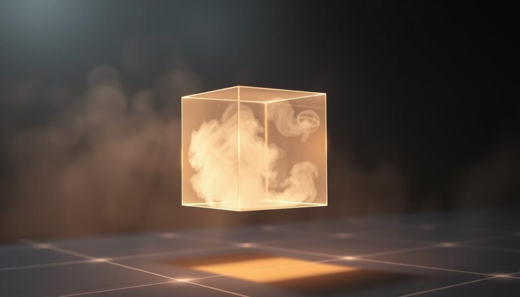 A transparent, glowing cube hovers in a dimly lit, abstract environment. Soft, diffused lighting emanates from within the cube, casting a warm glow on the surrounding space. The cube's surface is partially obscured by a subtle, ethereal mist, suggesting an air of mystery and depth. In the background, a grid-like pattern of lines or shapes creates a sense of order and structure, hinting at the underlying frameworks of AI systems. The overall composition conveys a balance between the tangible and the intangible, the visible and the hidden, inviting the viewer to contemplate the nature of transparency in AI.