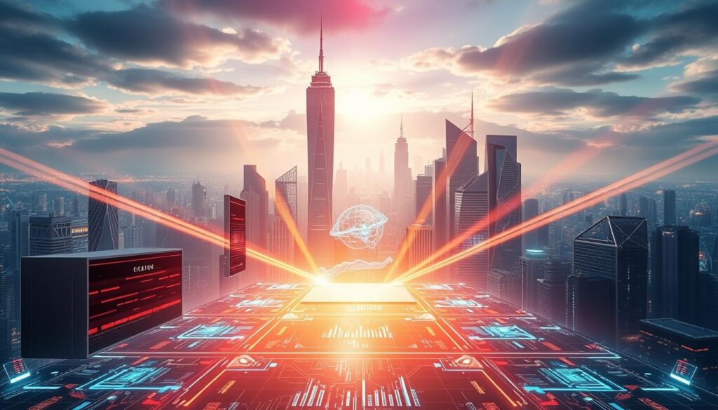 A vast, futuristic cityscape sprawls out before the viewer, its towering, gleaming skyscrapers reaching toward the sky. In the foreground, sleek, advanced-looking computer terminals and holographic displays float and pulse with vivid, mesmerizing data visualizations. Brilliant beams of light criss-cross the scene, casting a warm, technological glow over the entire landscape. The atmosphere is one of boundless innovation, scientific discovery, and the dawning of a new era of human knowledge and capability. A sense of awe and possibility permeates the air, as if the viewer is on the cusp of a revolutionary breakthrough in computing and artificial intelligence.