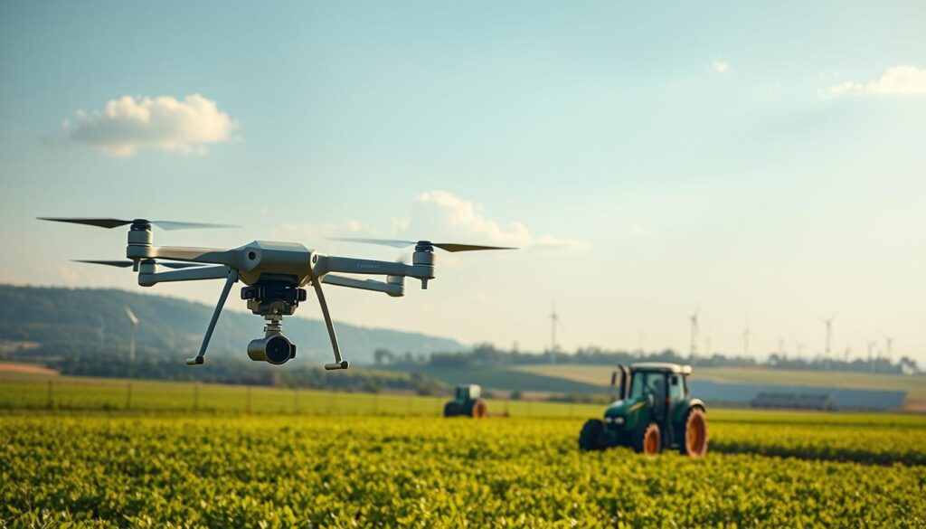 A vast, verdant landscape stretches out, dotted with precision farming technologies. In the foreground, a state-of-the-art agricultural drone hovers, its sensors meticulously scanning the lush fields. In the middle ground, autonomous tractors navigate the terrain, guided by GPS and AI-powered decision-making. In the background, towering wind turbines and solar panels harness renewable energy, powering this sustainable agricultural ecosystem. The scene is bathed in warm, golden light, conveying a sense of harmony between advanced technology and the natural world. This vision of the future showcases how precision farming, renewable energy, and intelligent systems can converge to create a more sustainable and economically viable agricultural landscape.