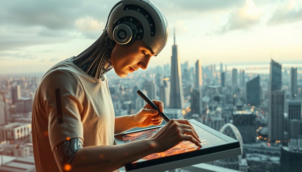 A vibrant and dynamic collaboration between human and machine, set against a backdrop of a futuristic cityscape. In the foreground, a human artist and an advanced AI system work side-by-side, their creative energies intertwining as they craft a digital masterpiece. The human's hands gracefully guide a stylus across a sleek, high-resolution digital canvas, while the AI system's complex algorithms analyze and enhance the emerging artwork, seamlessly blending human intuition and machine precision. In the middle ground, the cityscape stretches out, a bustling metropolis of towering skyscrapers and gleaming technological infrastructure, symbolizing the integration of human and artificial intelligence. Warm, diffused lighting casts a glow over the scene, creating a sense of harmony and collaboration between the organic and the synthetic. The overall mood is one of wonder, exploration, and the transformative potential of human-machine cooperation in the creative process.