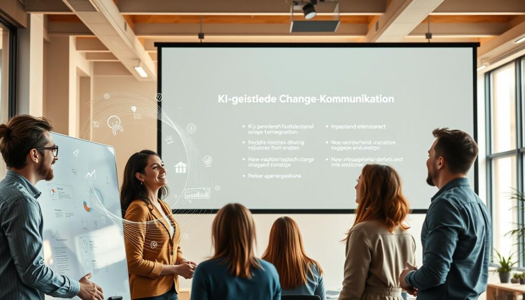 A vibrant, dynamic scene depicting "KI-gestützte Change-Kommunikation". In the foreground, a group of diverse professionals collaborating on a digital whiteboard, their expressions engaged and enthusiastic. Swirling data visualizations and icons dance across the screen, representing the seamless integration of AI-powered tools into the change management process. In the middle ground, a projection screen displays a presentation slide outlining the key benefits of AI-assisted communication, with clean typography and impactful imagery. The background features an open, airy office space bathed in warm, directional lighting, conveying a sense of progress, innovation, and optimism. The overall atmosphere is one of productive, technology-enabled transformation, reflecting the opportunities that GPTs can bring to modern organizations undergoing change.
